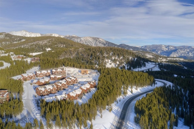 snowy aerial view featuring a mountain view