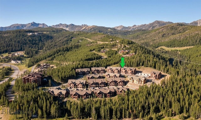 aerial view featuring a mountain view and a view of trees