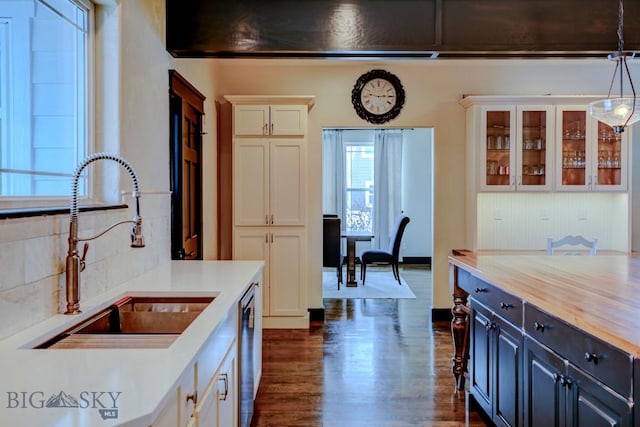 kitchen featuring a sink, tasteful backsplash, dark wood finished floors, white cabinetry, and dishwasher