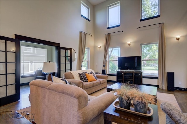 living area with a high ceiling, plenty of natural light, and wood finished floors