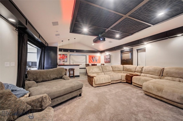 carpeted cinema featuring recessed lighting and vaulted ceiling