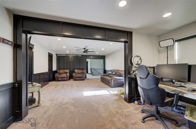 home office with recessed lighting, carpet, and wainscoting