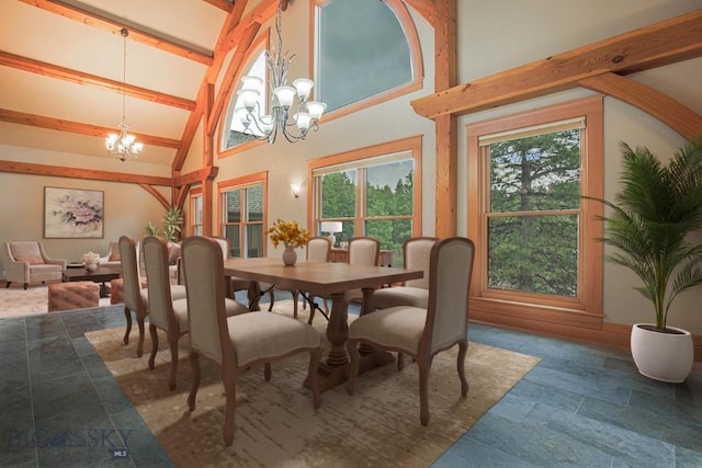 dining space with beamed ceiling, a notable chandelier, and high vaulted ceiling