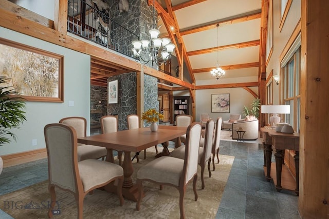 dining room with beam ceiling, high vaulted ceiling, baseboards, and a chandelier