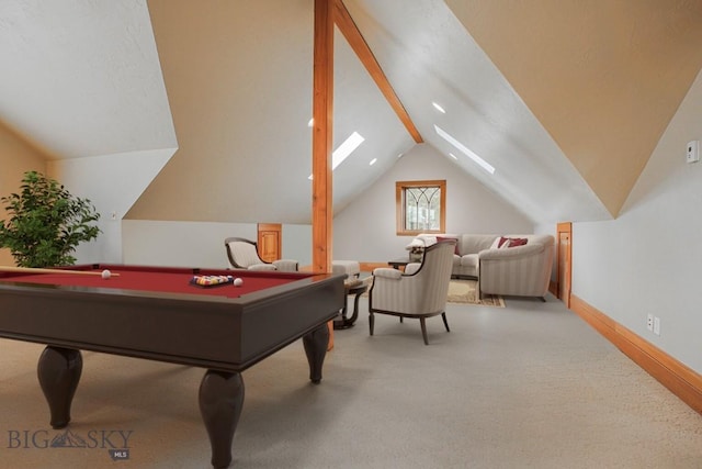 game room featuring baseboards, lofted ceiling with skylight, pool table, and carpet flooring