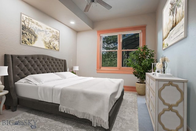 bedroom with recessed lighting, baseboards, light colored carpet, and ceiling fan