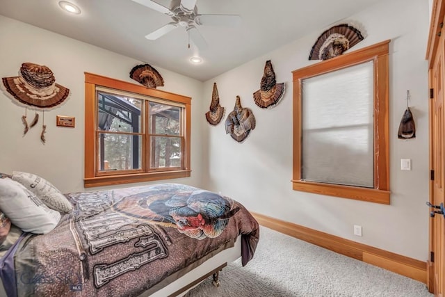 bedroom featuring recessed lighting, baseboards, and ceiling fan