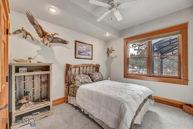 bedroom featuring recessed lighting, baseboards, light carpet, and ceiling fan