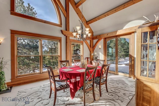 dining room featuring a wealth of natural light, beamed ceiling, a notable chandelier, and high vaulted ceiling