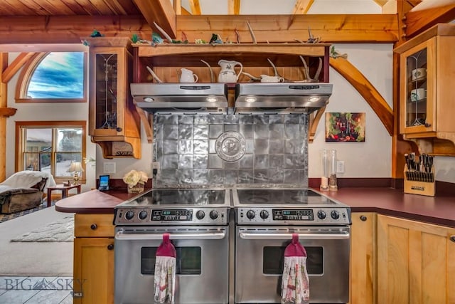 kitchen with dark countertops, stainless steel electric stove, and backsplash