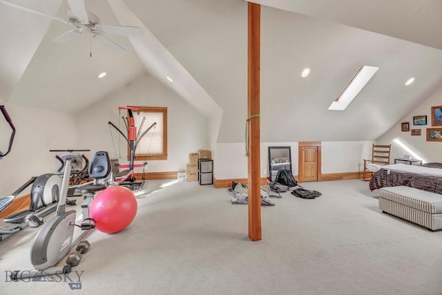 workout area featuring recessed lighting, baseboards, lofted ceiling with skylight, and carpet floors