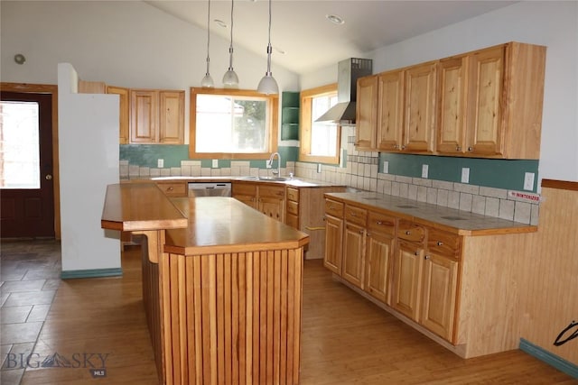 kitchen featuring a sink, wall chimney range hood, vaulted ceiling, light wood-style floors, and stainless steel dishwasher