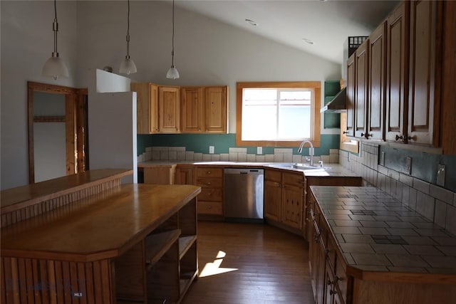 kitchen with tile counters, dishwasher, open shelves, and a sink