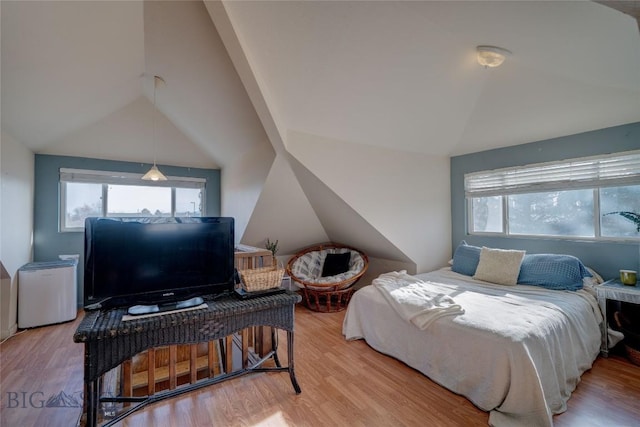 bedroom with multiple windows, wood finished floors, and vaulted ceiling