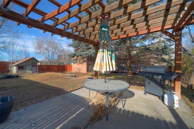 view of patio featuring an outbuilding, grilling area, a pergola, and a fenced backyard