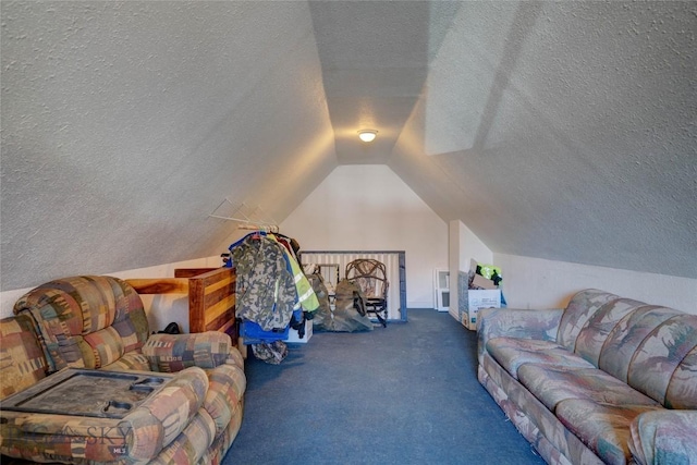 carpeted living room with vaulted ceiling and a textured ceiling