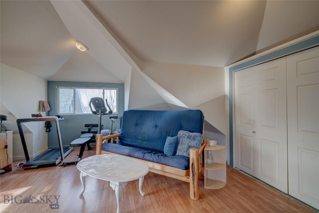 sitting room featuring wood finished floors and vaulted ceiling