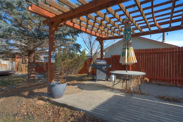 view of patio featuring a grill, a fenced backyard, and a pergola