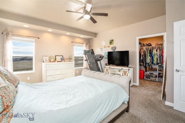 bedroom featuring a walk in closet, multiple windows, baseboards, and carpet flooring