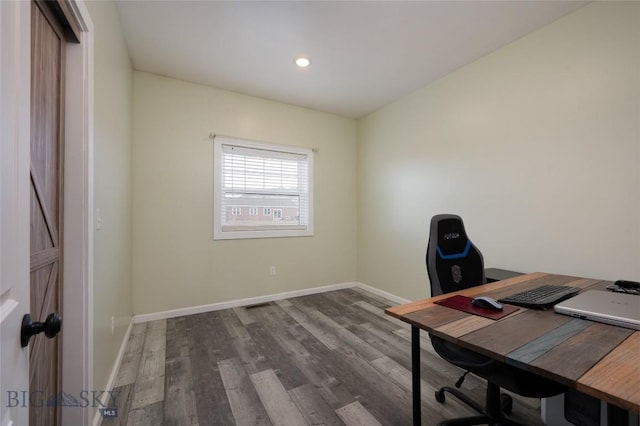 office area featuring recessed lighting, baseboards, and wood finished floors