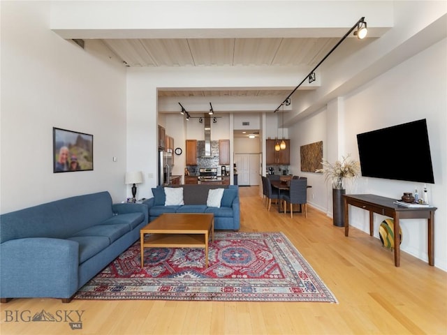 living room featuring light wood-type flooring, beamed ceiling, and track lighting