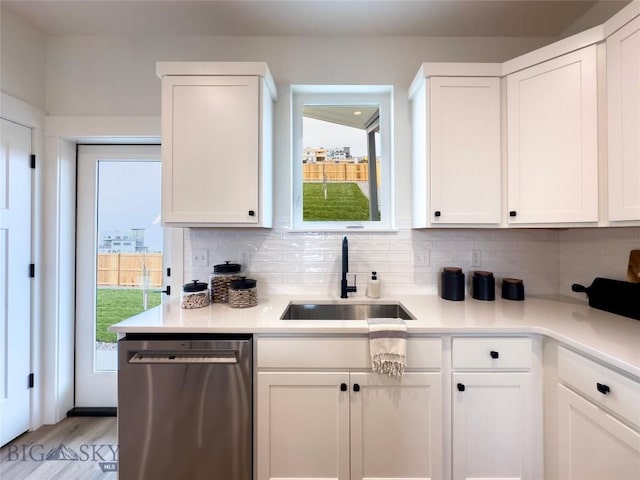 kitchen with a sink, white cabinetry, decorative backsplash, and stainless steel dishwasher