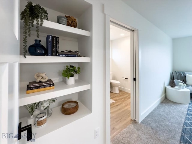 hallway featuring wood finished floors, baseboards, and carpet floors