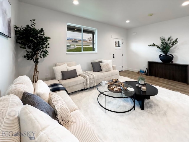 living area featuring recessed lighting, baseboards, and wood finished floors