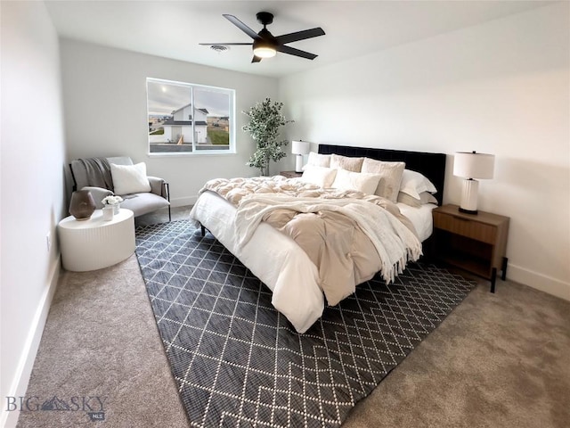 bedroom with visible vents, a ceiling fan, baseboards, and dark colored carpet