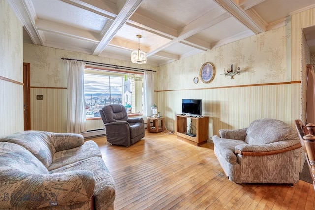 living area with a wainscoted wall, beam ceiling, coffered ceiling, wood-type flooring, and wallpapered walls