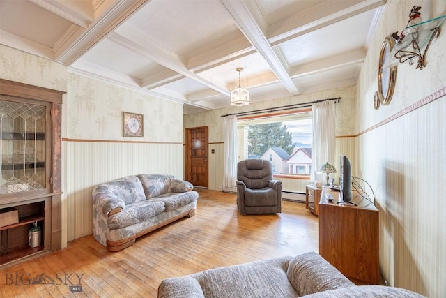 living room featuring coffered ceiling, beamed ceiling, hardwood / wood-style flooring, and wallpapered walls