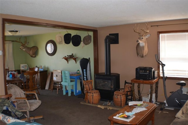 carpeted living room with a wood stove