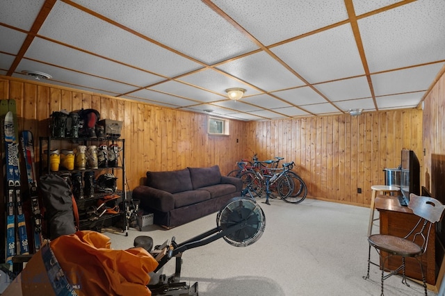 living area featuring carpet and wood walls