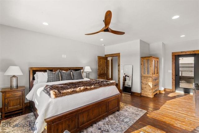 bedroom with recessed lighting, baseboards, dark wood-type flooring, and a ceiling fan