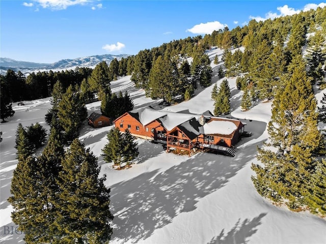 drone / aerial view featuring a mountain view and a view of trees