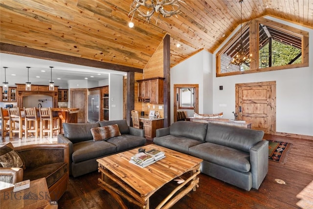 living area featuring a notable chandelier, wooden ceiling, high vaulted ceiling, and dark wood-style flooring