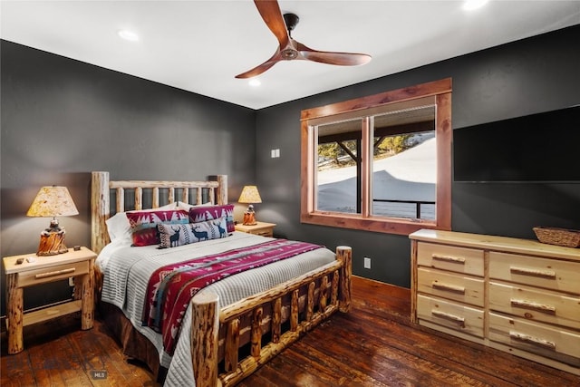 bedroom with recessed lighting, a ceiling fan, and hardwood / wood-style floors