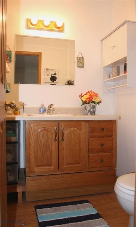 bathroom with vanity, toilet, and wood finished floors