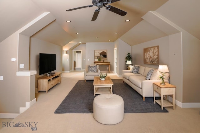 284 Annie Glade, Bozeman, MT 59718 - living room with a ceiling fan, light colored carpet, baseboards, vaulted ceiling, and recessed lighting