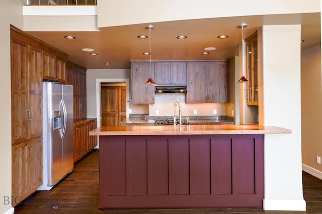 284 Annie Glade, Bozeman, MT 59718 - kitchen with stainless steel refrigerator with ice dispenser, under cabinet range hood, dark wood finished floors, recessed lighting, and a sink