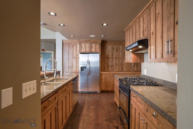 284 Annie Glade, Bozeman, MT 59718 - kitchen with appliances with stainless steel finishes, ventilation hood, a sink, recessed lighting, and dark wood-style floors