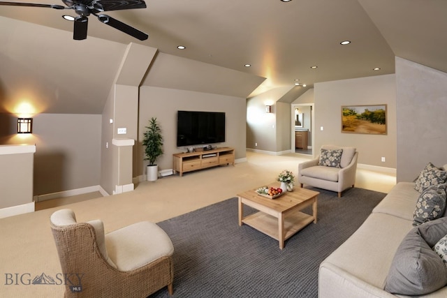 284 Annie Glade, Bozeman, MT 59718 - living room with lofted ceiling, a ceiling fan, light carpet, recessed lighting, and baseboards