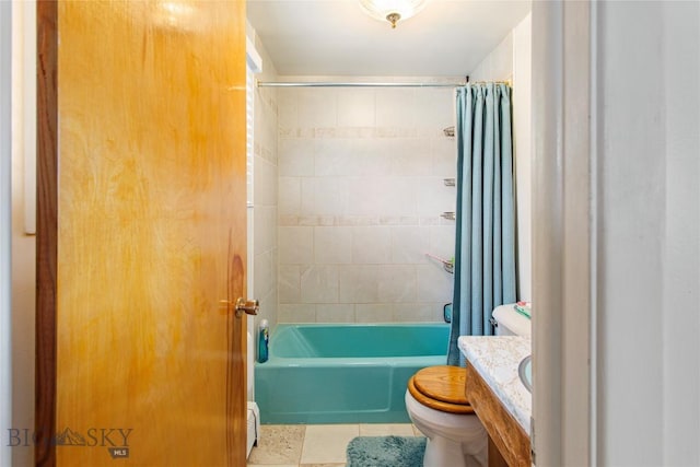 full bath with tile patterned floors, toilet, vanity, and shower / bathtub combination with curtain