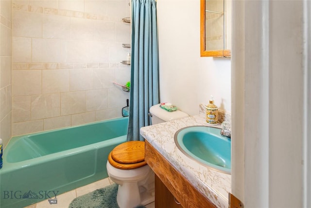 full bath with toilet, shower / bath combination with curtain, vanity, and tile patterned flooring