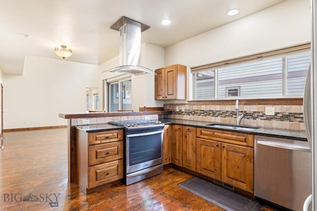 kitchen with dark wood-type flooring, a sink, appliances with stainless steel finishes, a peninsula, and island range hood