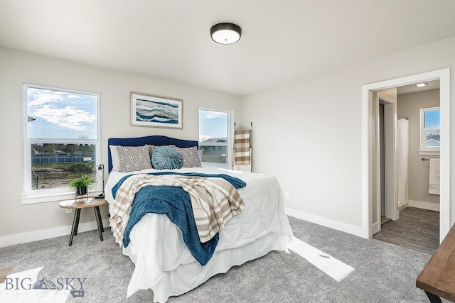 carpeted bedroom with baseboards and multiple windows