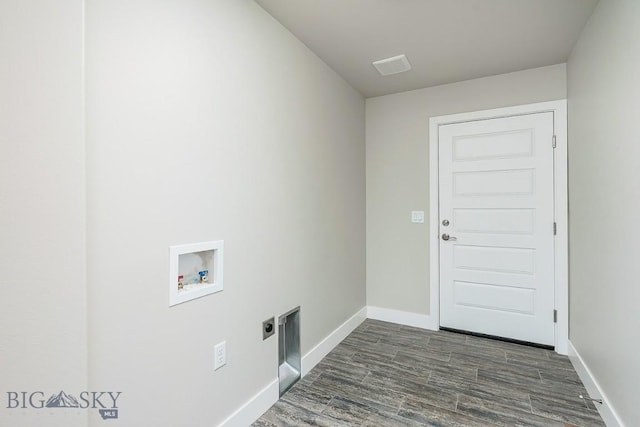 laundry area with baseboards, laundry area, hookup for a washing machine, dark wood-style floors, and electric dryer hookup