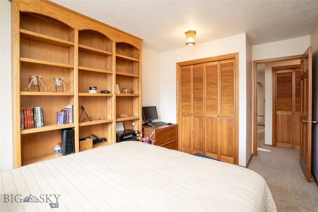 bedroom with carpet flooring, a closet, and a textured ceiling