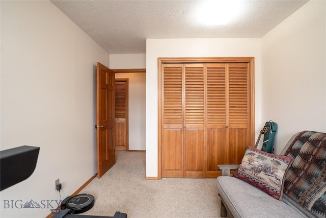 sitting room featuring baseboards, a textured ceiling, and carpet flooring