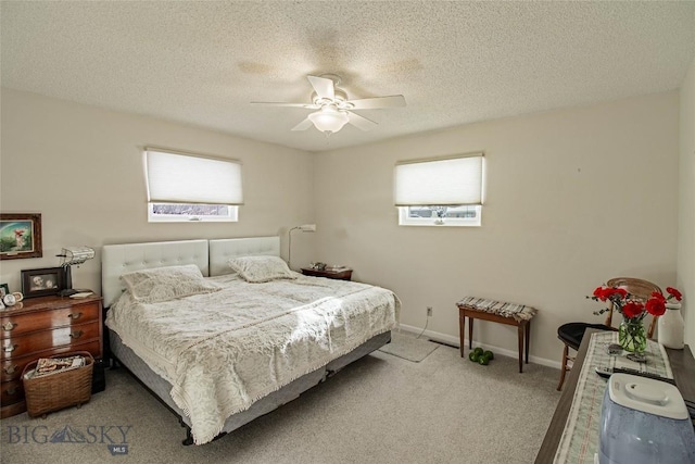 bedroom featuring baseboards, multiple windows, a textured ceiling, and light carpet